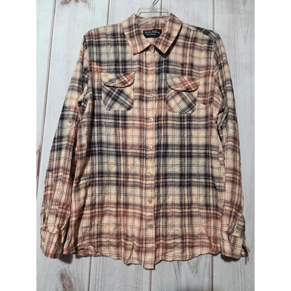 Blue Age Jeans USA Womens XL Plaid Flannel Button Down Shirt Roll Tab Tan Plaid